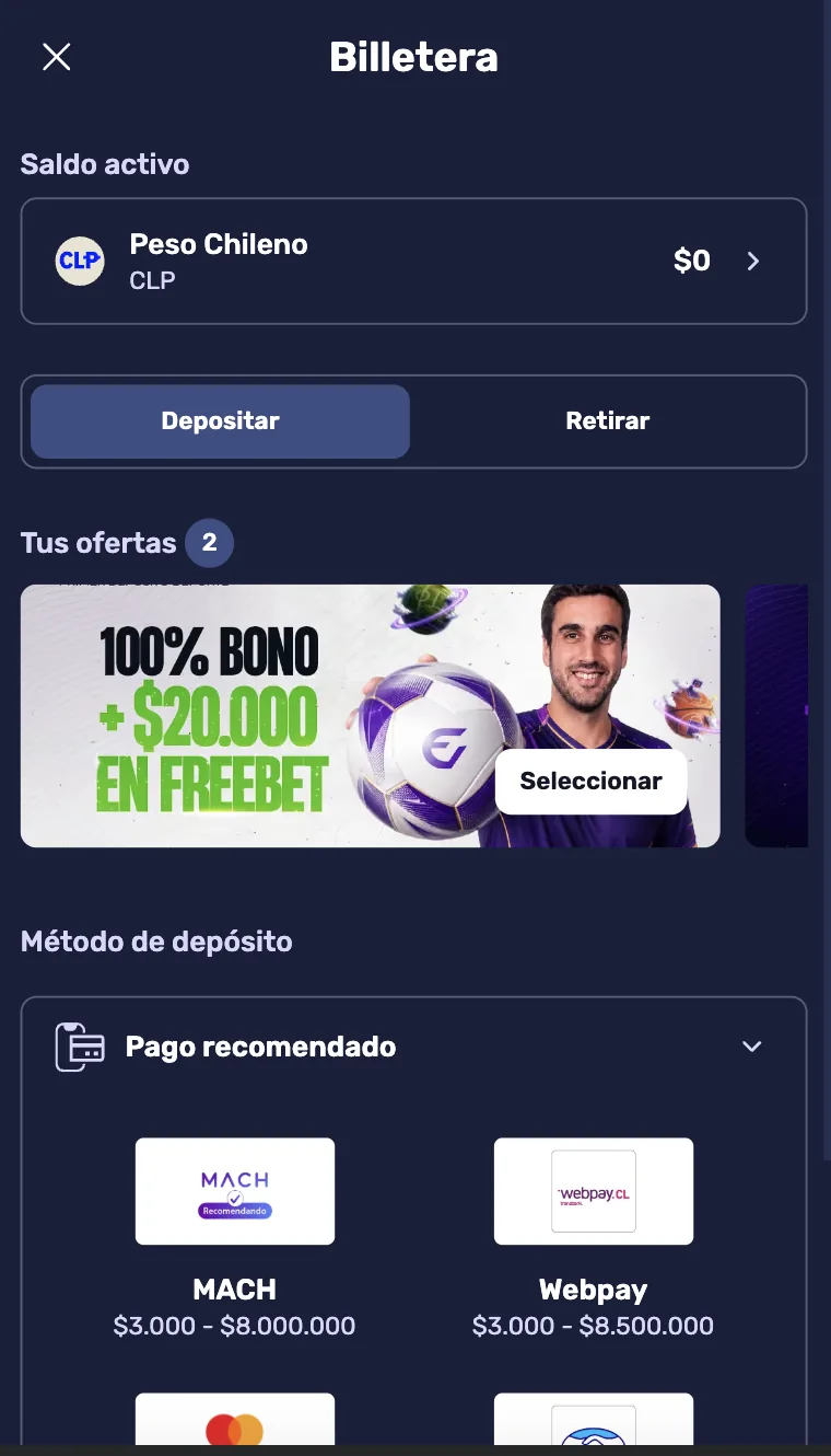 Billetera: pestaña Depositar, tus ofertas y métodos MACH y Webpay
