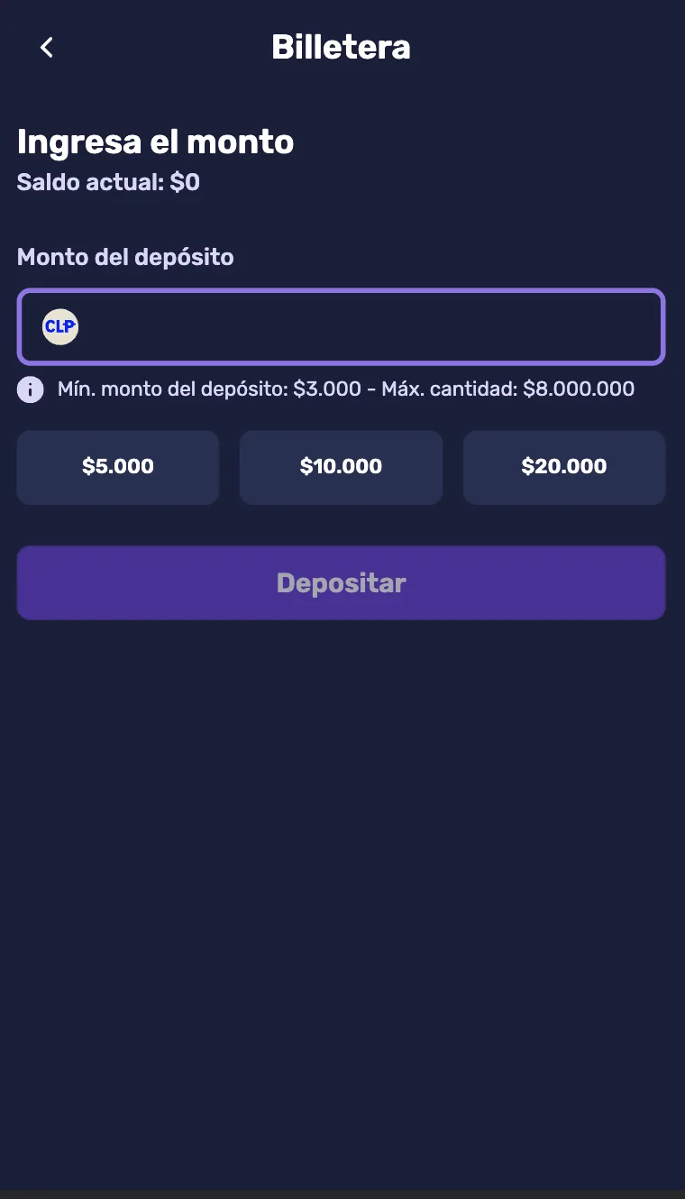 Ingresa el monto del depósito en CLP, con atajos de 5.000, 10.000 y 20.000