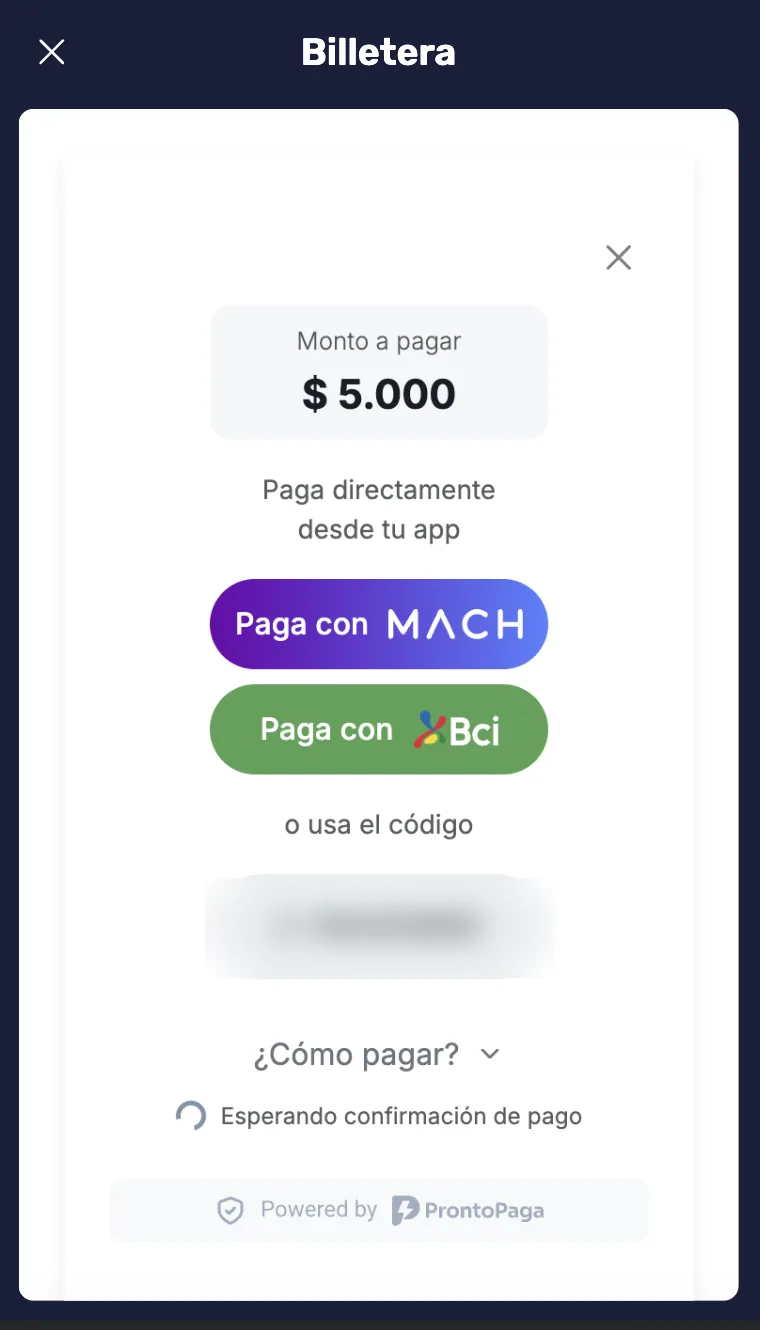 Ventana de pago ProntoPaga con botones Paga con MACH y Paga con Bci