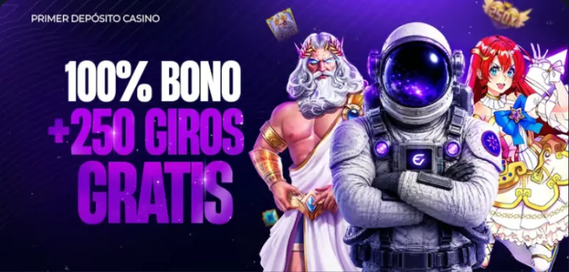 Banner del bono de bienvenida: 100% bono + 250 giros gratis en el primer depósito de casino