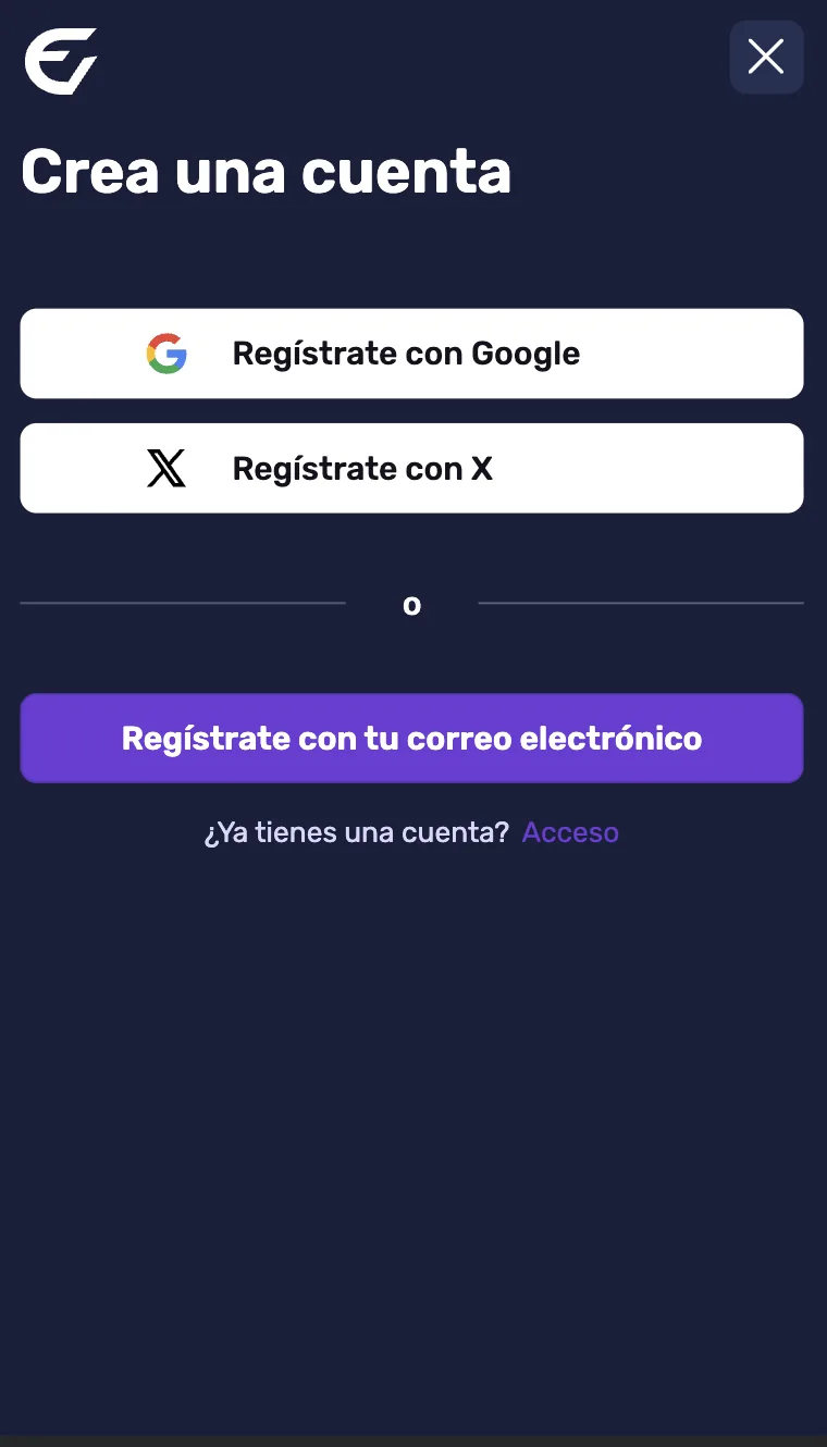 Pantalla «Crea una cuenta» con opciones de Google, X y correo