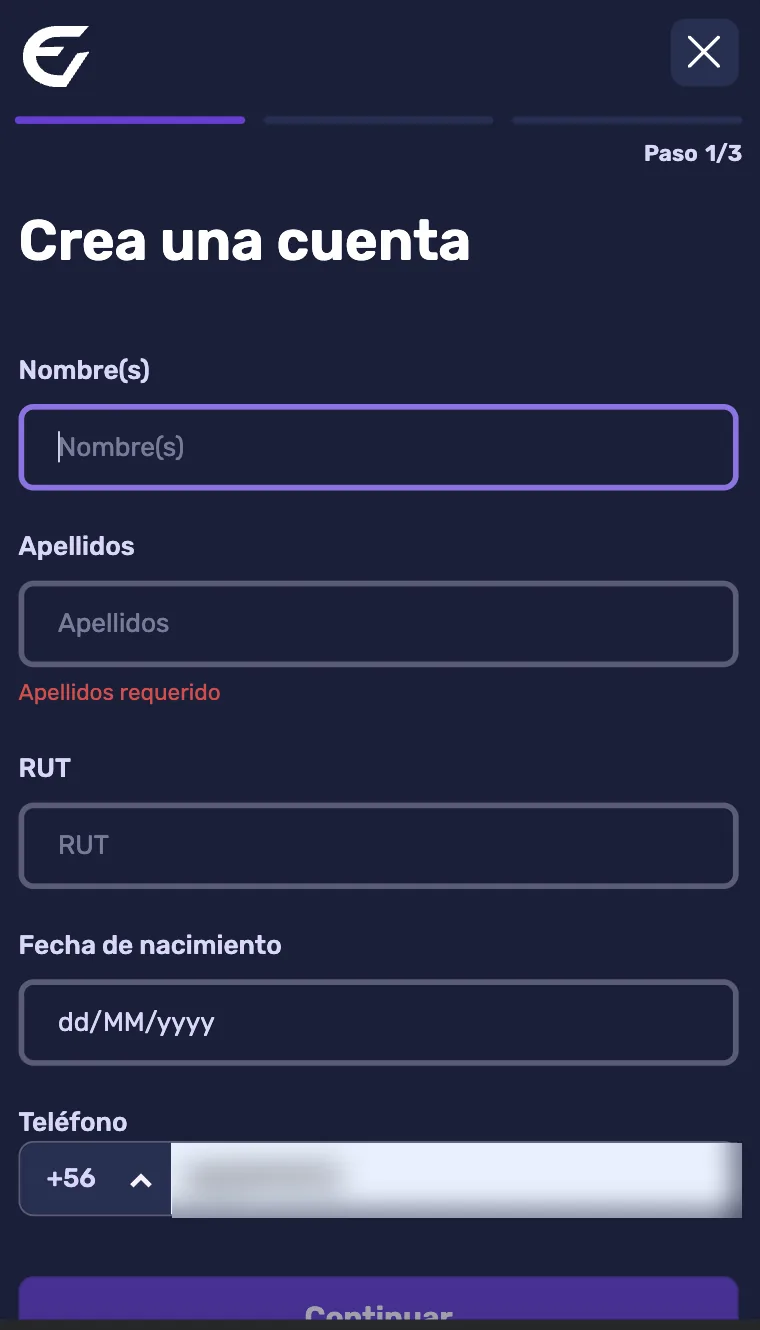 Paso 1 de 3: nombre, apellidos, RUT, fecha de nacimiento y teléfono