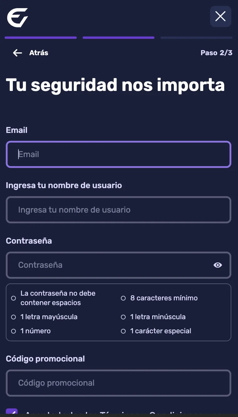 Paso 2 de 3: email, usuario, contraseña y código promocional