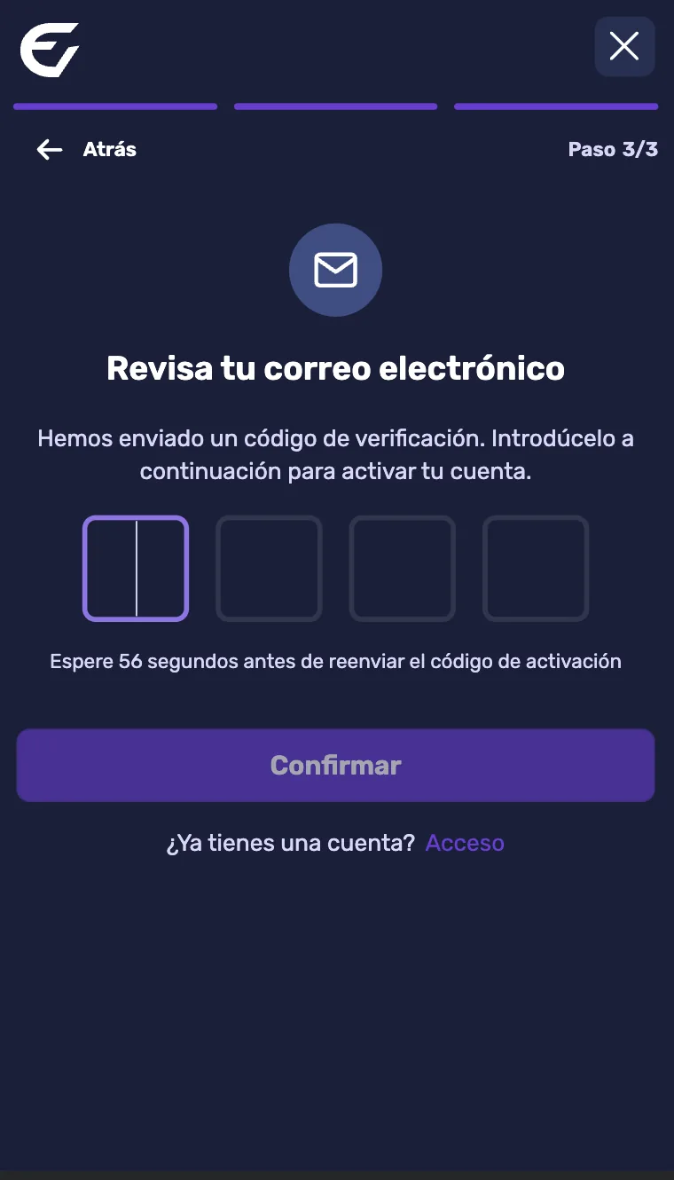Paso 3 de 3: código de verificación enviado al correo